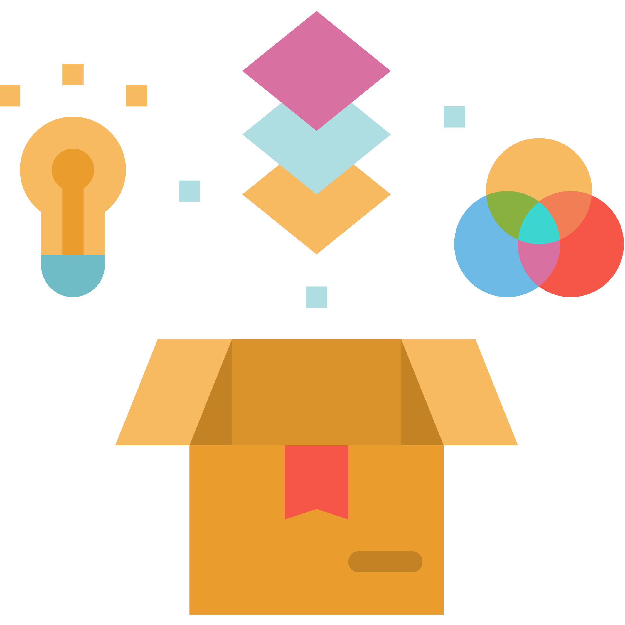icon of a box with a lightbulb stacked colored paper and a ven diagram above it