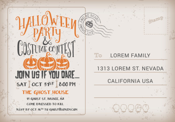 example of the back of a postcard that advertises a halloween costume party on october 3st