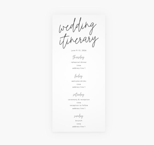 wedding itinerary brochure example in white with calligraphy text