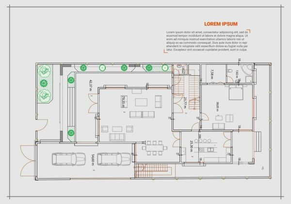 blueprint example of a house plan with porch, living room, stairs, kitchen, spare bedroom, bathroom and garage shown on the plan