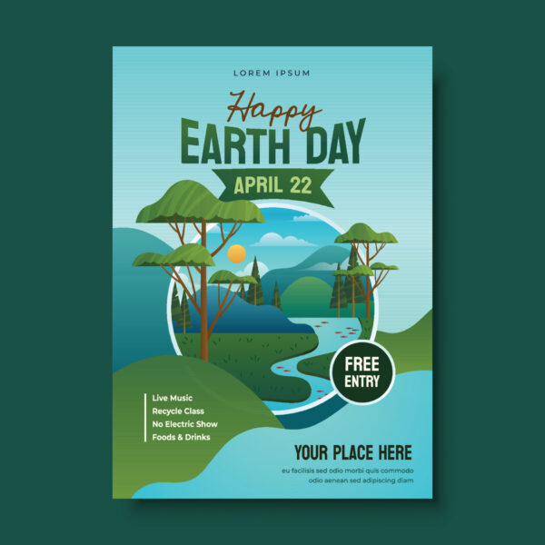 example of a earth day poster with filler content with vector graphics of tress, sky, river, and mountains