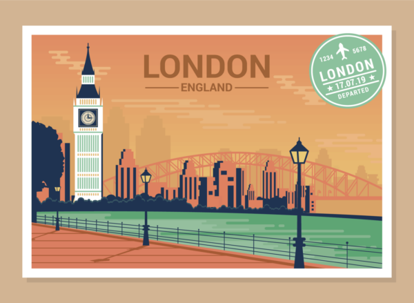 example of a postcard with a vector design of the London skyline